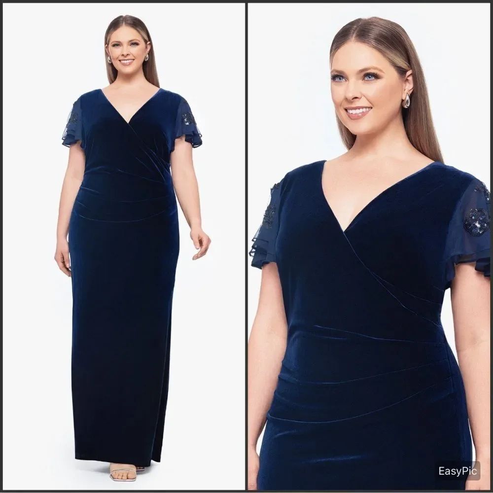 NWT Betsy & Adam PLUS "CAROLINA" LONG VELVET V-NECK SEQUIN SLEEVE DRESS Navy